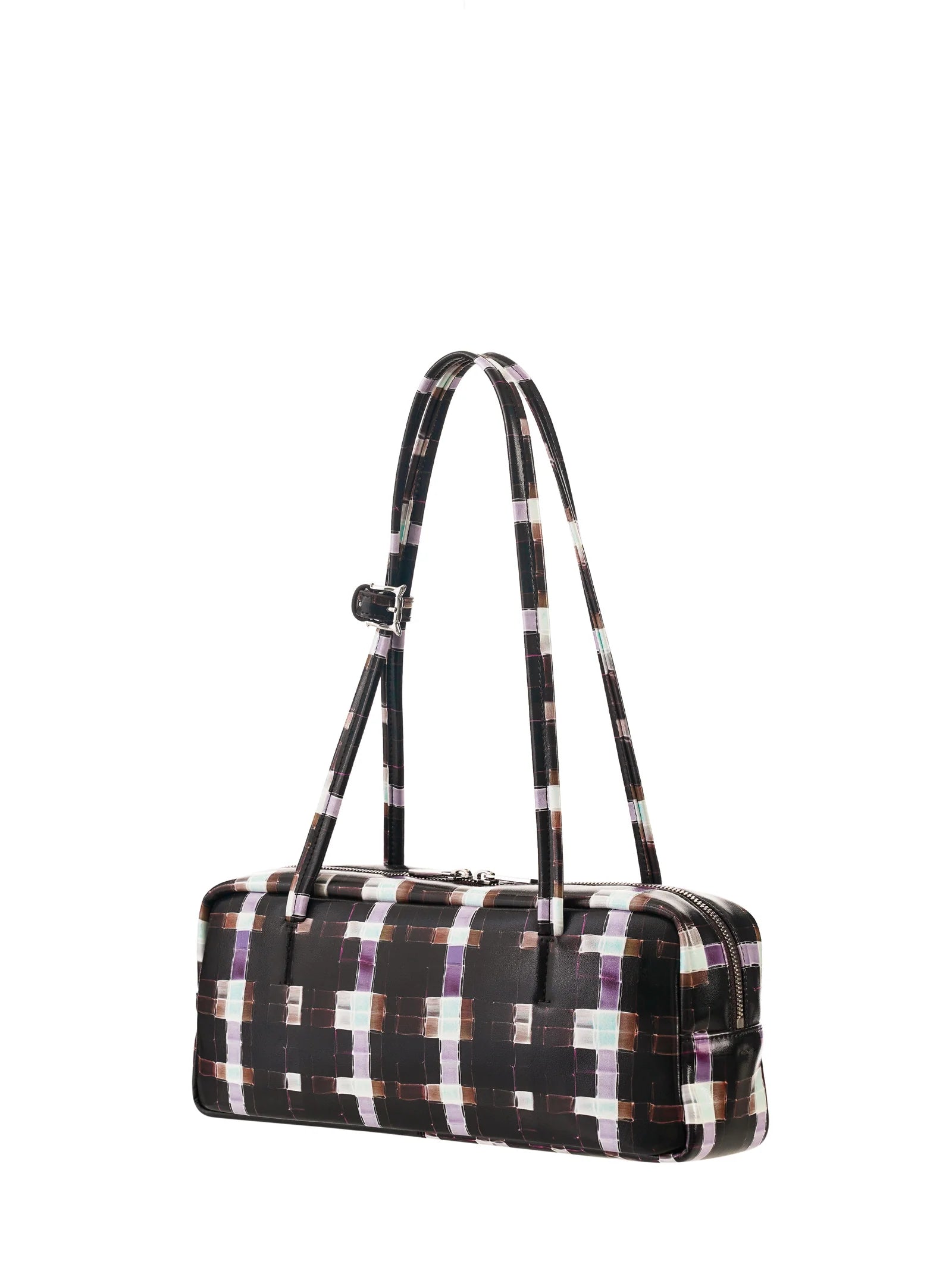 Chocolate-colored hand-painted plaid baguette bag