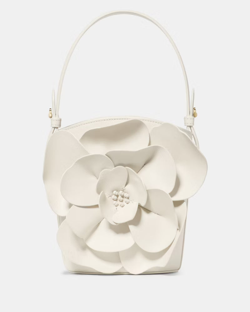 Pure White Bucket Bag with 3D Floral Details