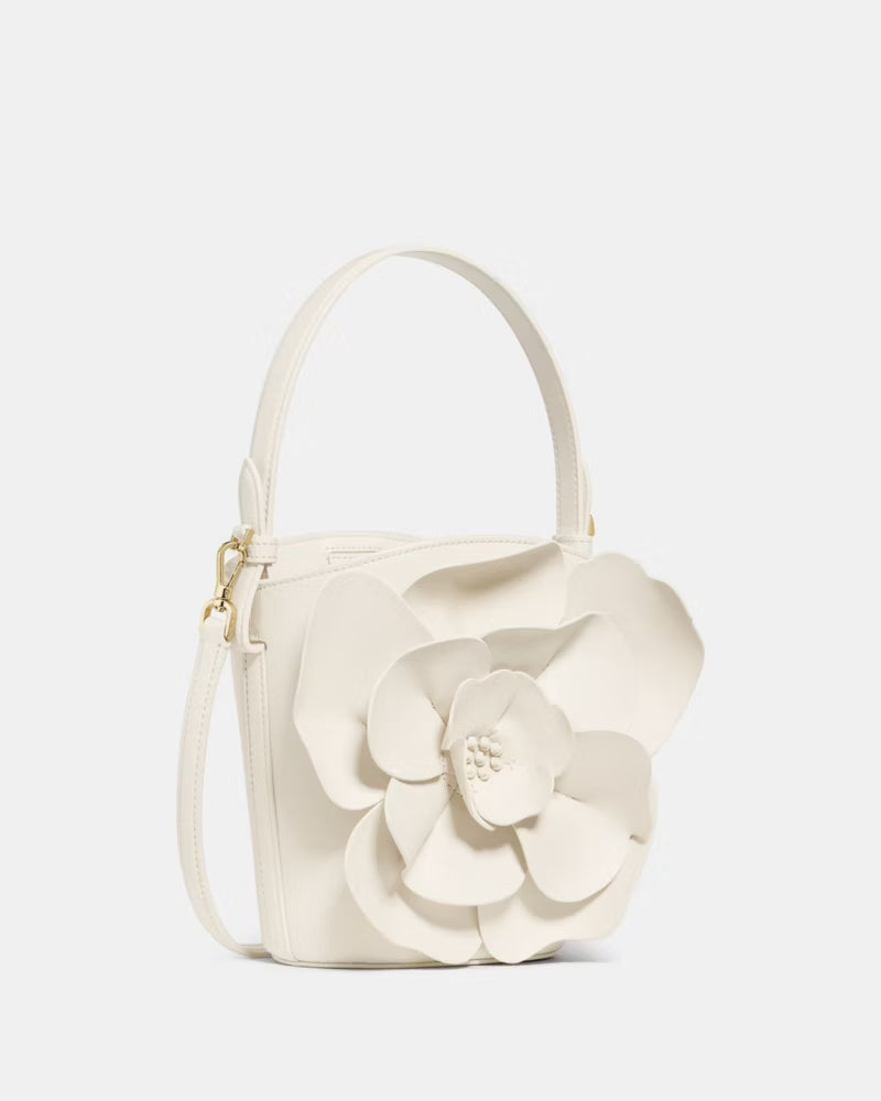 Pure White Bucket Bag with 3D Floral Details